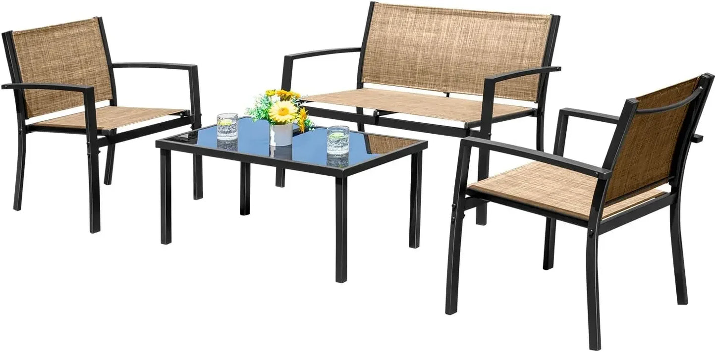 4 Pieces Patio Furniture Set Outdoor Garden Patio Conversation Sets Poolside Lawn Chairs with Glass Coffee Table Porch Furniture
