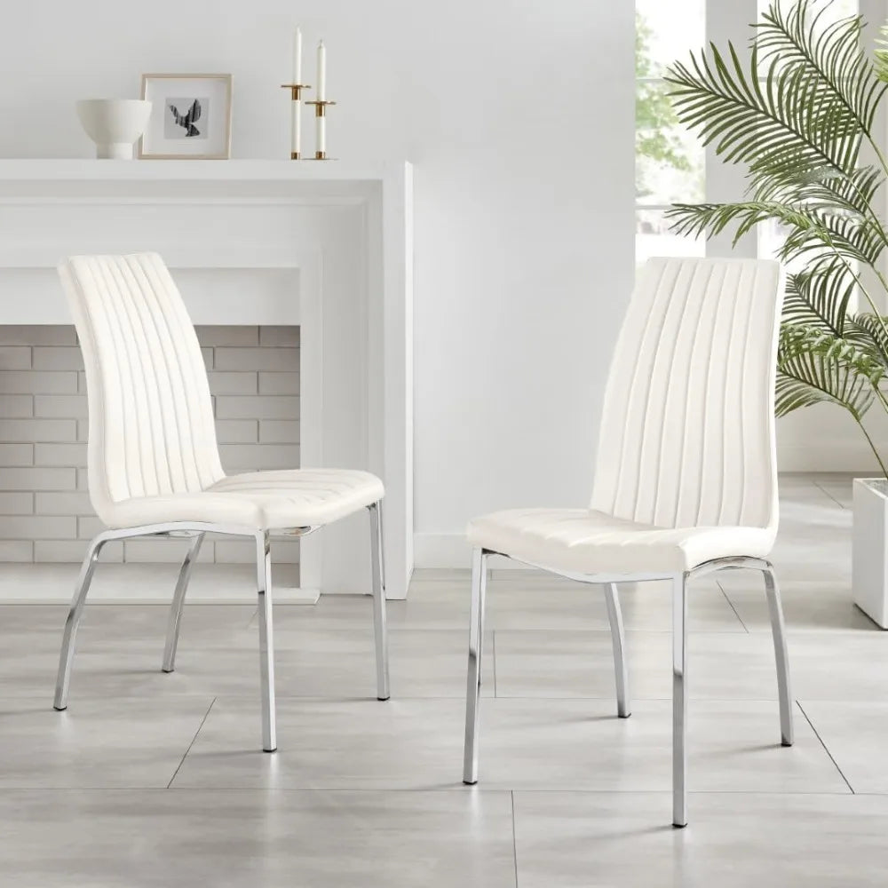 Dining Chair Set of 2 - ISCO Faux Leather Upholstered White Dining Chairs with Silver Chrome Legs