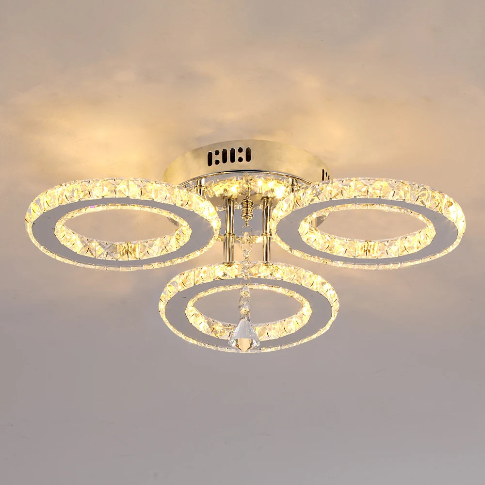 Crystal Chandelier Ceiling Lamp 3Rings Chrome Pendant Light Modern Flush Mount Fixtures for Bedroom Living Dining Room Luminaire