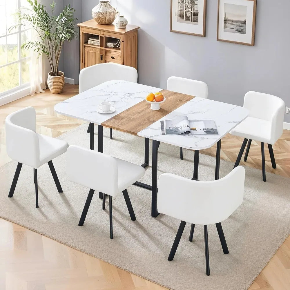 Modern Dining Table Set for 6, 60.2" Dinner Table Set for 6, White Faux Marble Tabletop with Sturdy Metal Legs, 6 Compact Design