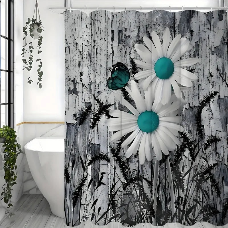 Teal Daisy Shower Curtain - Water-Repellent And Leak-Resistant, Mold And Mildew Resistant For