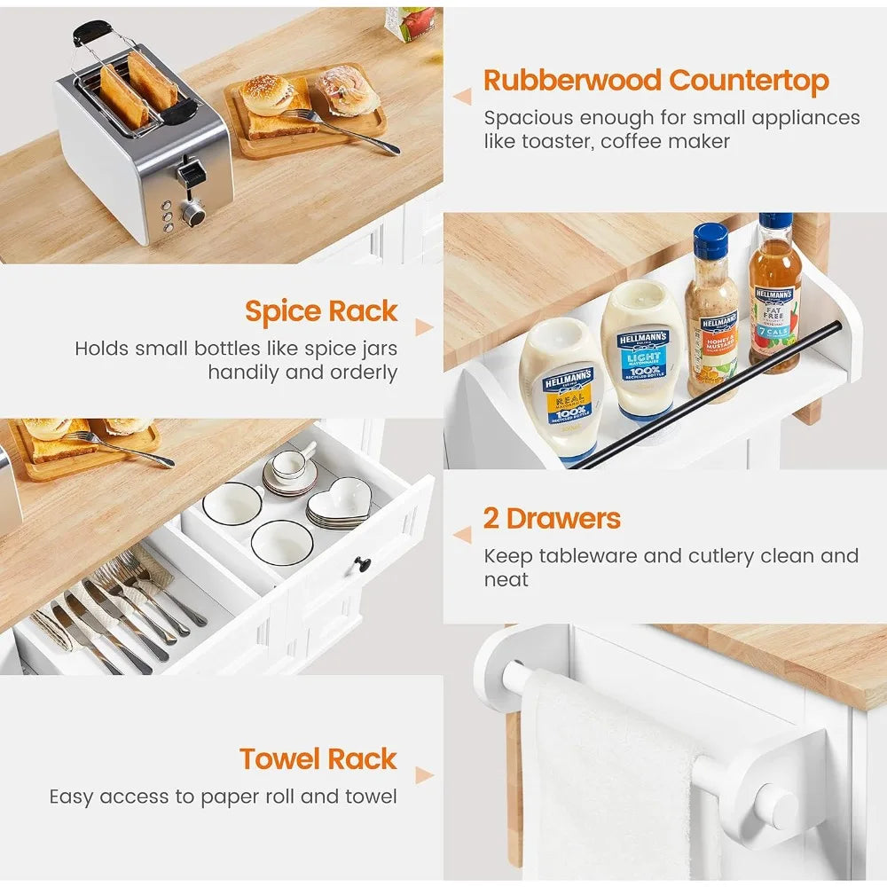 52"W Kitchen Island with Drop-Leaf Breakfast Bar and 2 Pull-outs, Kitchen Cart on Lockable Wheels with Rubberwood Top & 2 Drawe