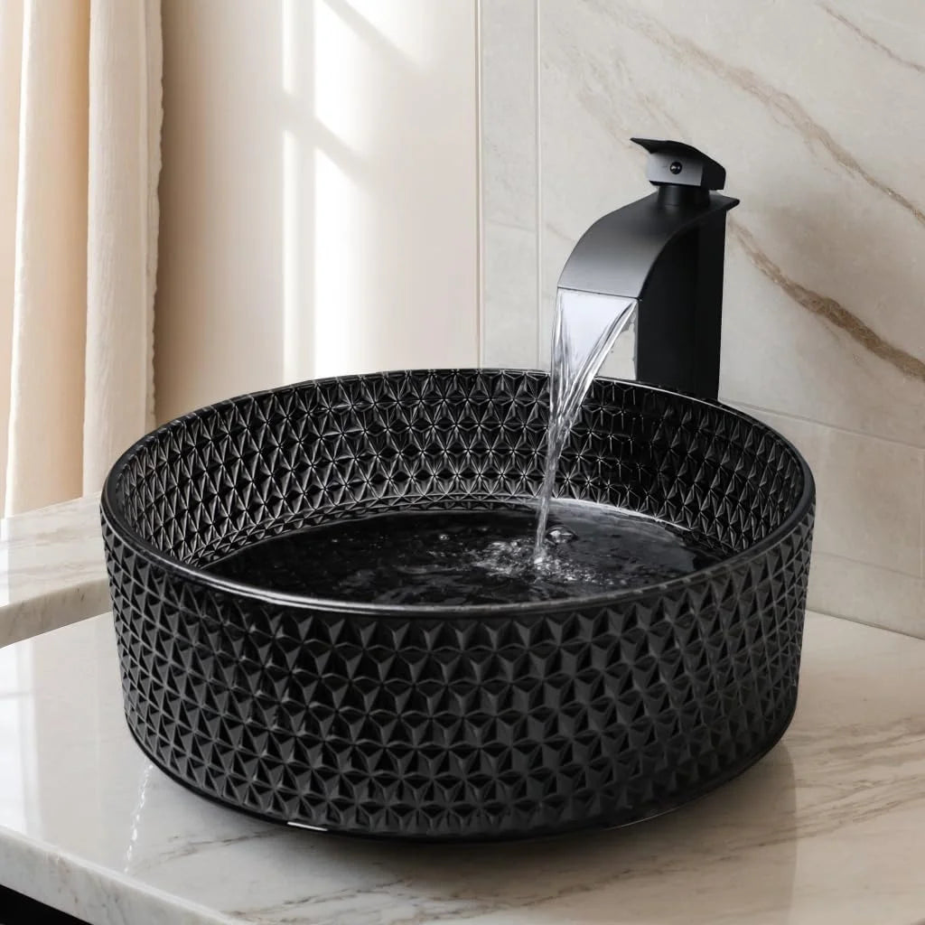 KEMAIDI Black Crystal Bathroom Vessel Sink with Faucet Tempered Glass Sink Above Counter Round Bathroom Sink Bowl Art Basin