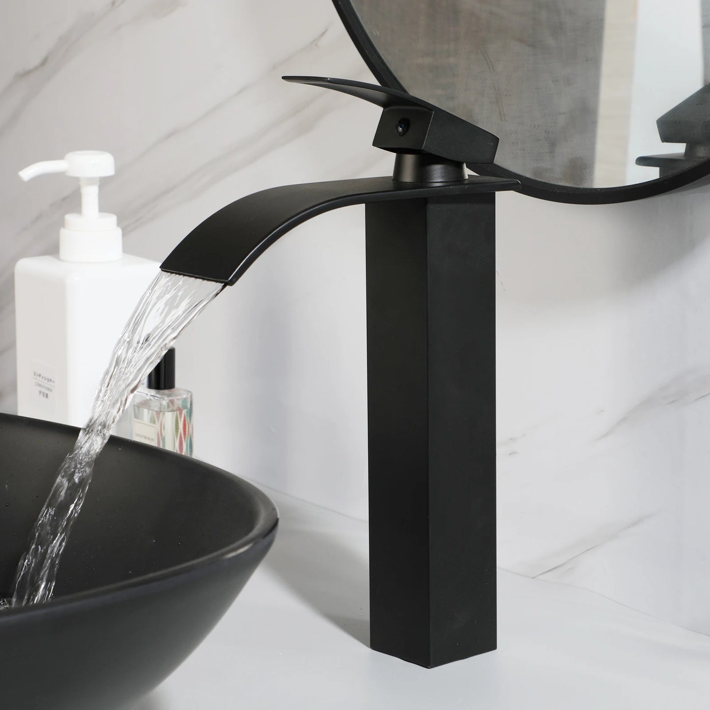 Monite Matte Black Bathroom Sink Faucet Set Modern Stone Resin Basin W/ Waterfall Tap Pop Up Drain Combo Art Oval Vessel Sinks