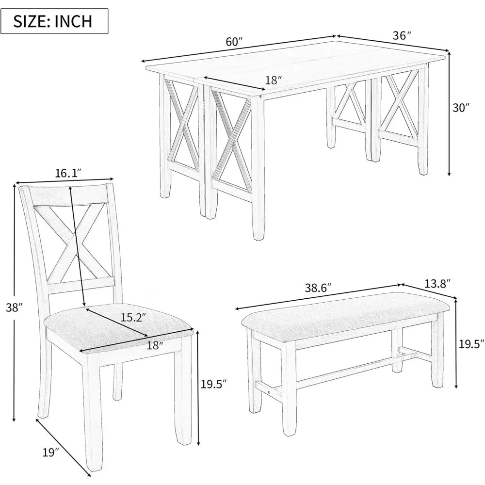 Extendable Dining Table Set with Bench and Chairs for 6 Persons Solid Wood 6 Piece Kitchen Dining Room Table Set for Saving