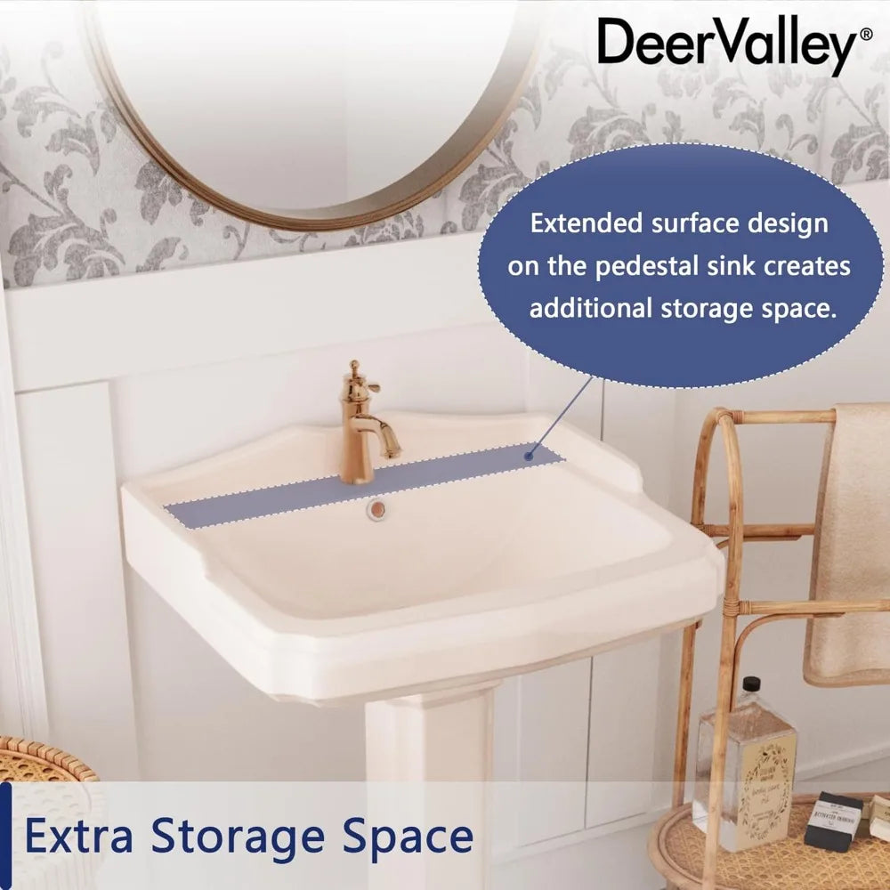 DeerValley - 23" x 19" Inch Bone Color Pedestal Sink Combo, Ceramic Pedestal Sink for Bathroom, with Overflow Hole 1 Faucet Hole