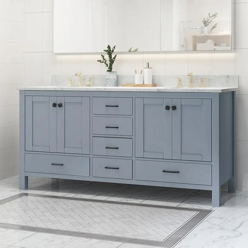 73" Bathroom Vanity with Marble Top & Dual Ceramic Sinks, 4 Cabinet Doors, 6 Drawers, Grey Finish