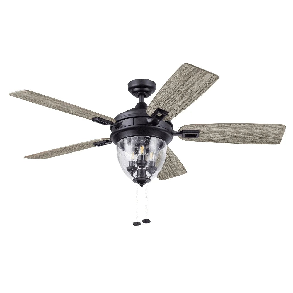 52 Inch Matte Black Ceiling Fan with Lights 5 Reversible Blades Pull Chain Control Dimmable Quiet Performance Indoor Outdoor Use