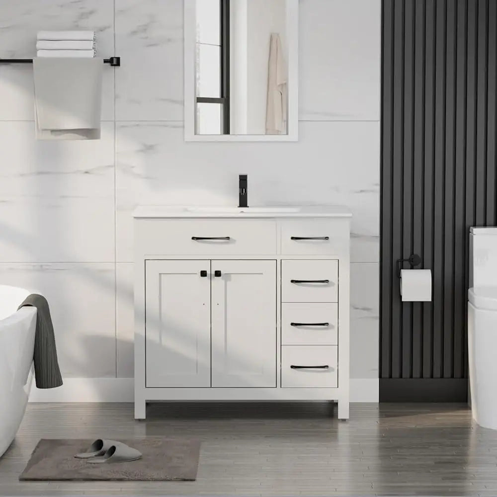 36 Inch Bathroom Vanity Sink Combo Modern Storage Cabinet with Ceramic Sink Durable MDF 2 Doors 3 Drawers Easy Assembly