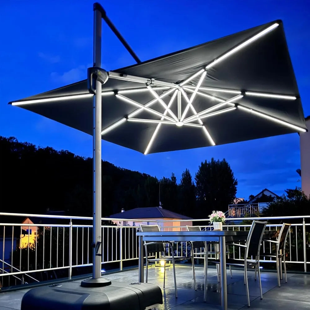10 Feet Double Top Deluxe Solar Powered LED Square Patio Umbrella Offset Hanging Umbrella Outdoor Market Umbrella Garden Umbrel