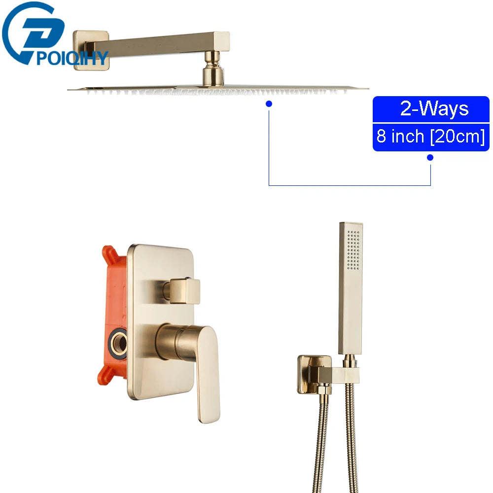 POIQIHY Brushed Golden Shower Faucets Wall Mount Concealed Shower Set Rainfall Bath Shower Mixers 2-3 ways Bathroom Mixer Tap
