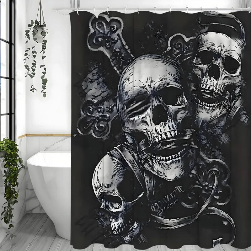 1pcs Gothic Three Skull Shower Curtain Set,12 Hooks,Options for Stylish Bathrooms