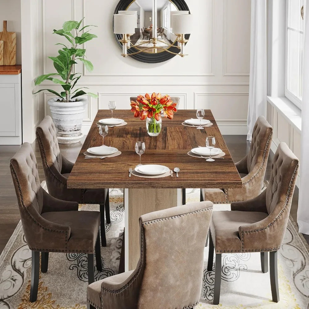 55" Rectangular Dining Table for 4 to 6 People, Farmhouse Wood Dinner Table for Kitchen, Dining Room & Living Room, Oak Brown &