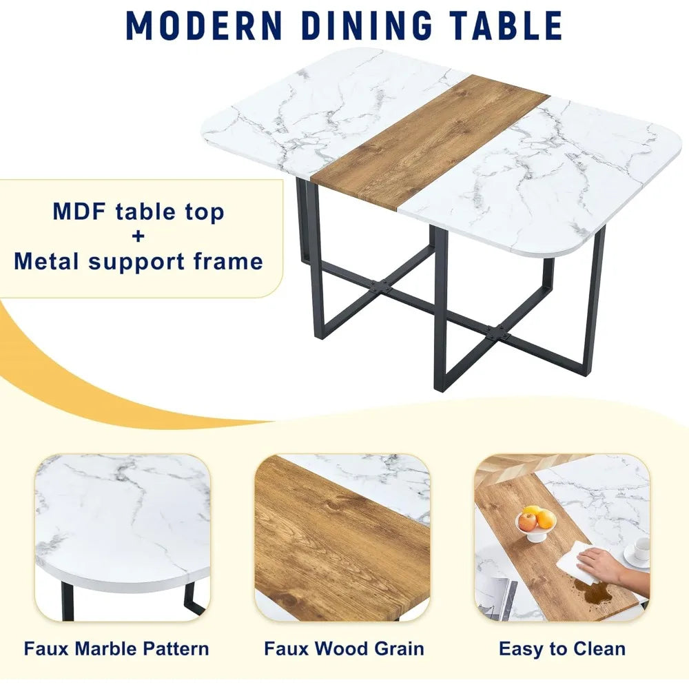Modern Dining Table Set for 6, 60.2" Dinner Table Set for 6, White Faux Marble Tabletop with Sturdy Metal Legs, 6 Compact Design
