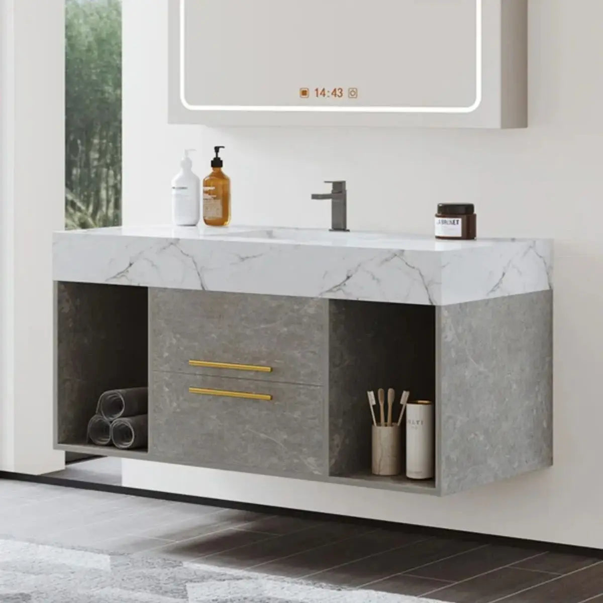 Wall mounted single bathroom dressing table easy to clean and install with artificial marble countertop