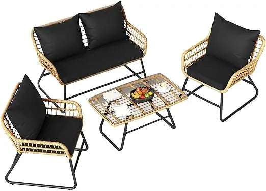 "Outdoor Loveseat with Cushion and Adjustable Feet, Wicker Patio Furniture Set for Garden, Balcony, and Porch, Beige"