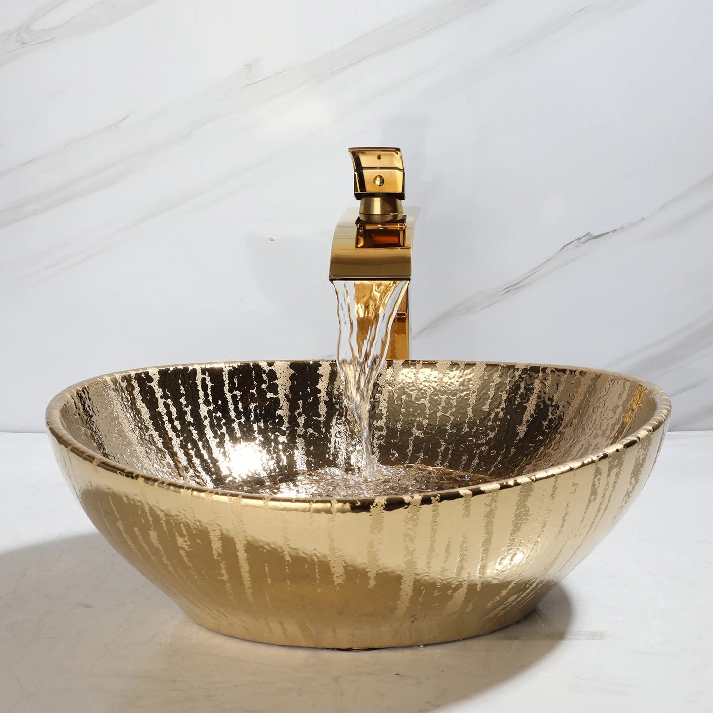ZAPPO Gold Ceramic Bathroom Vessel Sink Oval Bathroom Sink Above Counter Vessel Sinks for Bathrooms Vintage Bowl Small Sink US