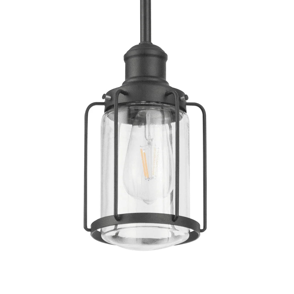 Industrial Matte Black LED Pendant Light with Clear Glass Shade Lantern Style Fixture Kitchen Island Dining Room Damp Rated