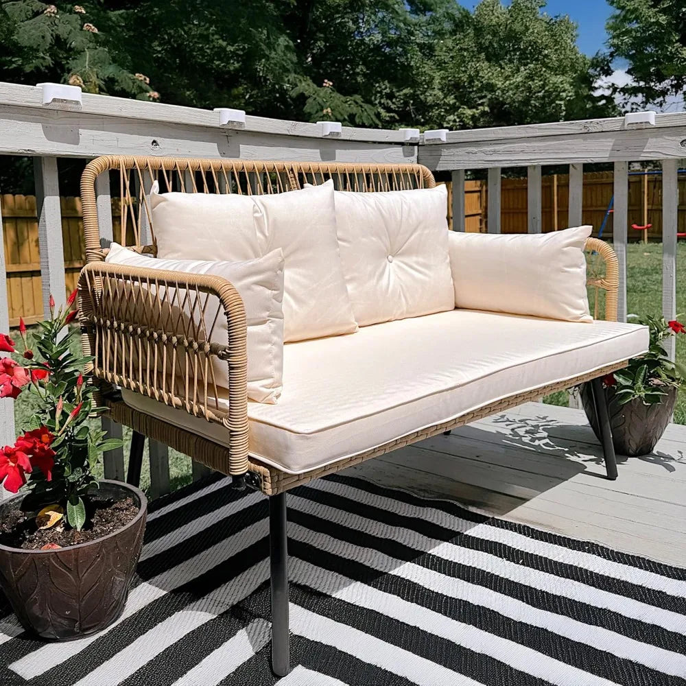 "Outdoor Loveseat with Cushion and Adjustable Feet, Wicker Patio Furniture Set for Garden, Balcony, and Porch, Beige"