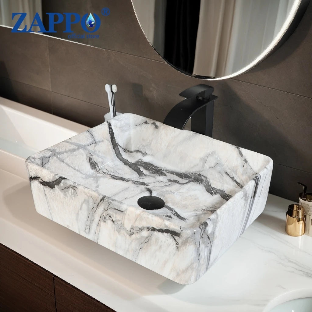 ZAPPO Bathroom Vessel Sink Ceramic Vessel Sink with Faucet Combo Rectangular Marble Vanity Sinks for Bathrooms Above Counter