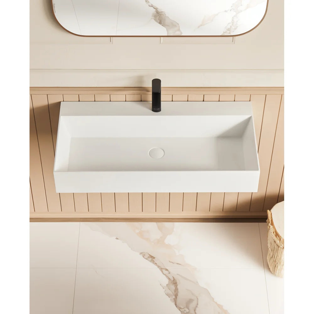 36" x 18" Solid Surface Wall Mount Rectangle Matte White Vessel Sink with Faucet Hole