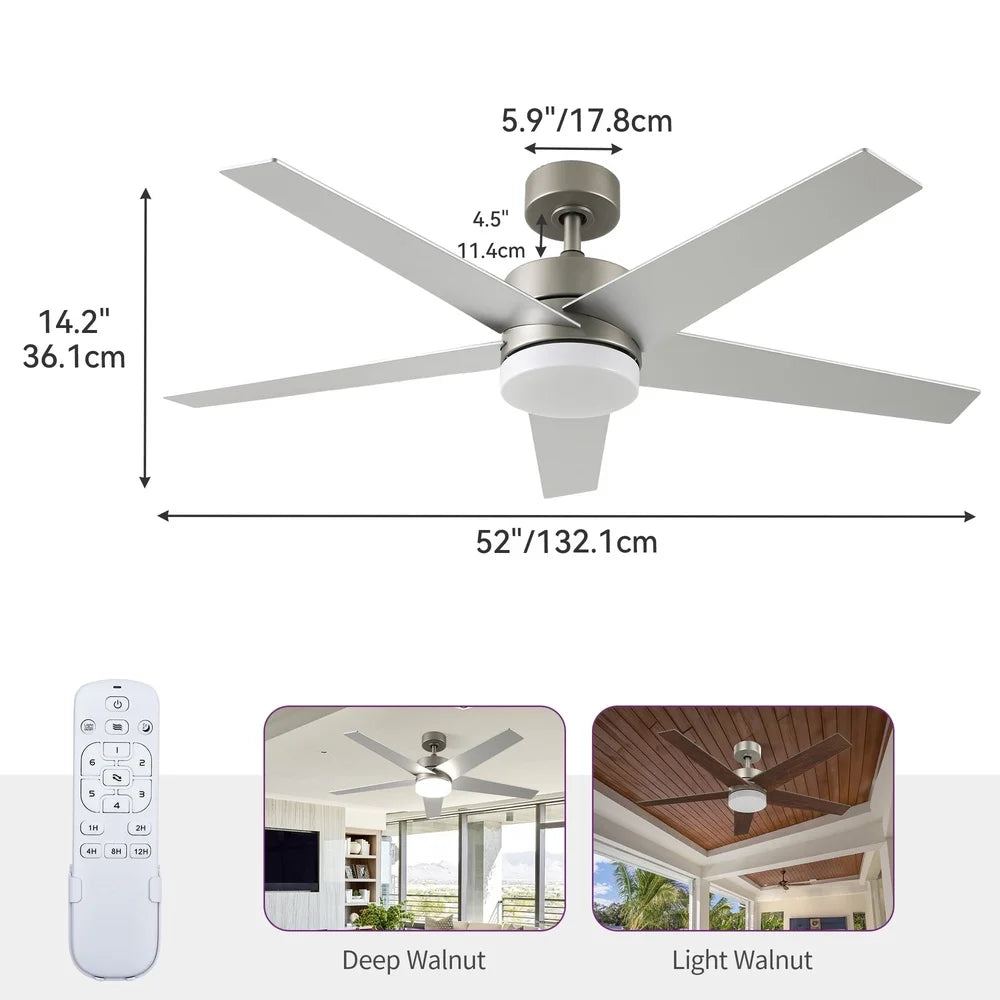 52 Inch Modern Ceiling Fan with Dimmable Light Remote Control 5 Blade Quiet Reversible Smart Timer Adjustable Speed Indoor Use