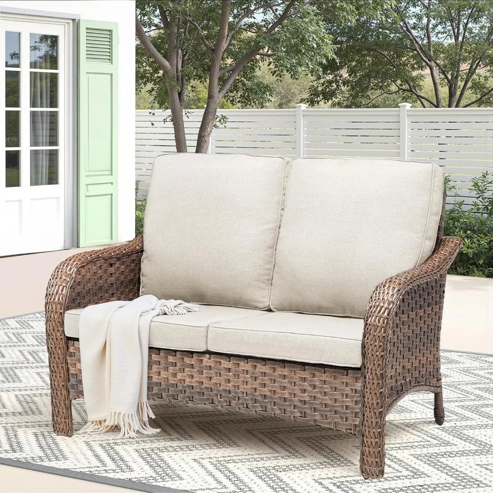 Outdoor Loveseat Patio Sofa, All Weather 2-Seat Wicker Couch with Removable Cushion, Rattan High Back Sofa Deep Seating Furnitur