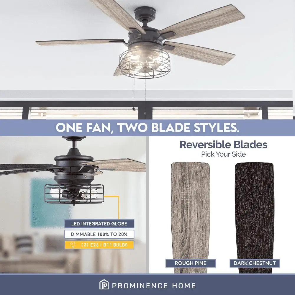 52 Inch Ceiling Fan with Light Dimmable Edison Bulbs Remote Control Industrial Chic Reversible Blades Home Living Room Bedroom