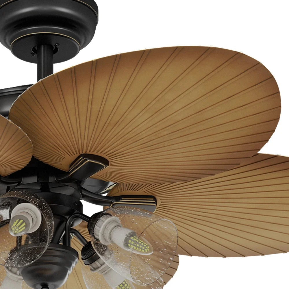 52 Inch Tropical Ceiling Fan with Light Remote Control 3 Speed Silent Motor 5 Palm Leaf Blades Timer Function Indoor Use