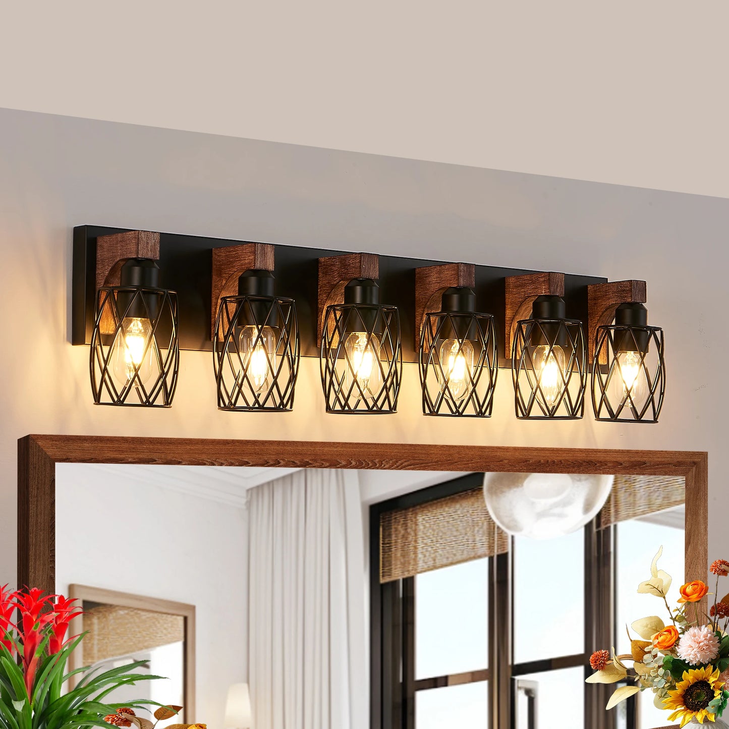 38" Industrial Vintage 6-Light Wall Sconce - Black Cage Wall Lighting Fixture with Wooden Accents