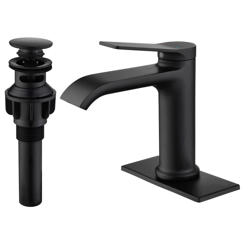Black Bathroom Sink Faucet Single Hole Single Handle with Cover Plate Hot and Cold Modern Bath Faucet with Pop-up Dr LYJ0058
