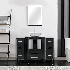 48" Modern Bathroom Vanity Sink Combo Black W/Small Side Cabinets Clear Boat Glass Vessel Sink & Water Save Faucet & Pop Up Dra