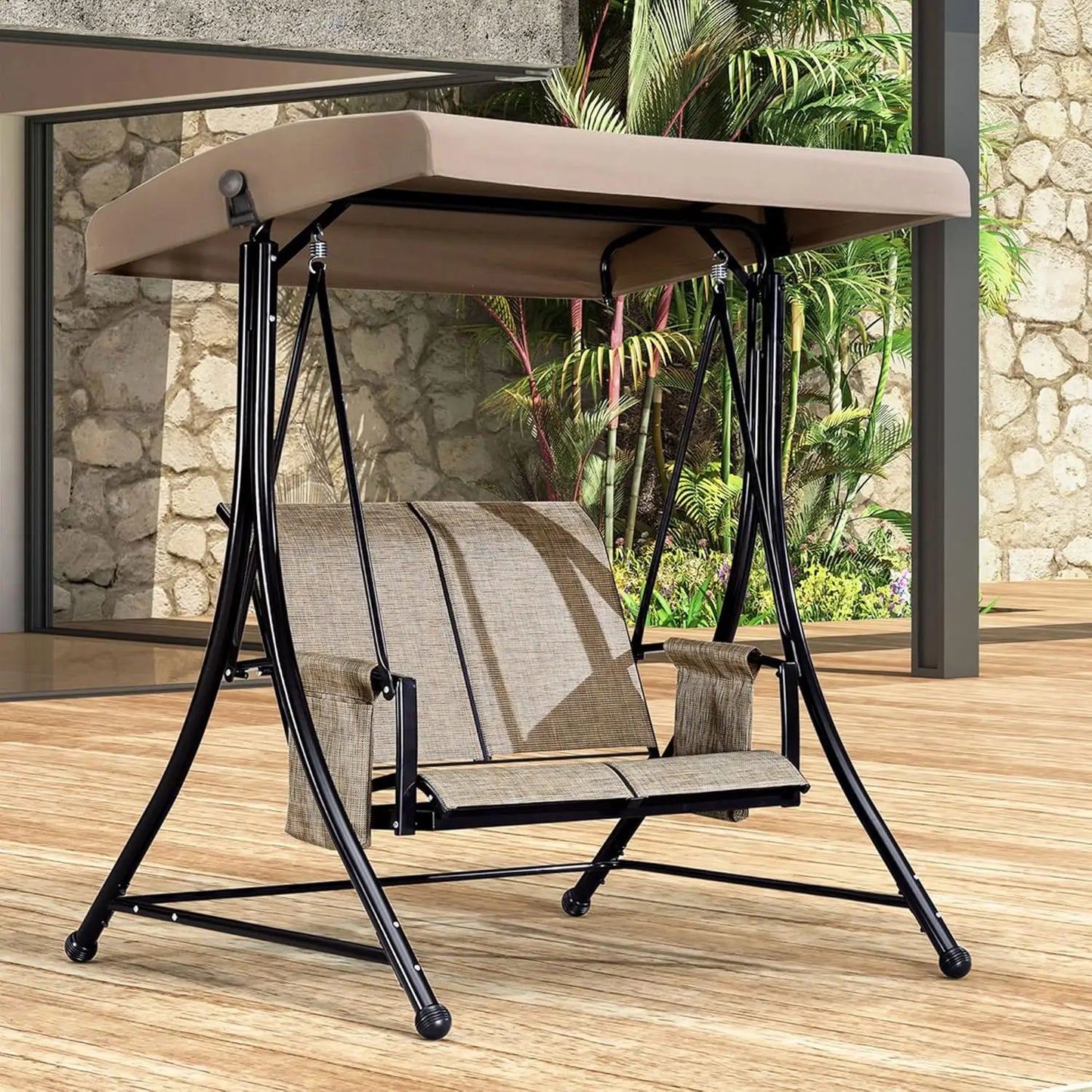 3-Seat Deluxe Outdoor Patio Porch Swing with Weather Resistant Steel Frame, Adjustable Tilt Canopy, Beige