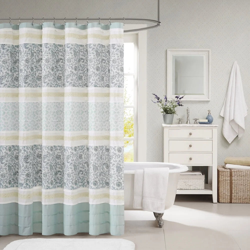 Charming Cotton Shower Curtain with Pintucked Detailing Paisley Design Lace Taping Oeko-Tex Certified Easy Care Machine Washable