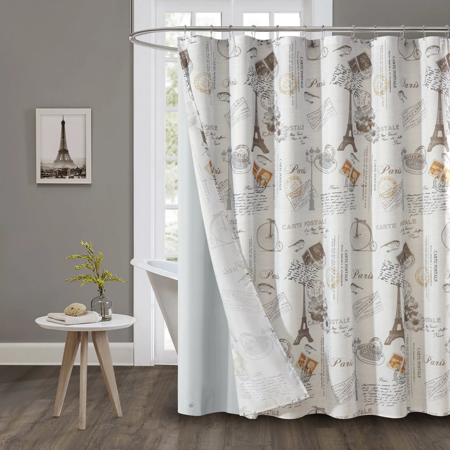 Contemporary Gray Paris Geometric Polyester Shower Curtain Set, 70 in x 72 in, shower curtain