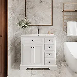 36" Bathroom Vanity with Sink Combo, Vintage Bathroom Vanities Storage Cabinet w/Painted Surface, Raised Arch Feet, Soft Closin