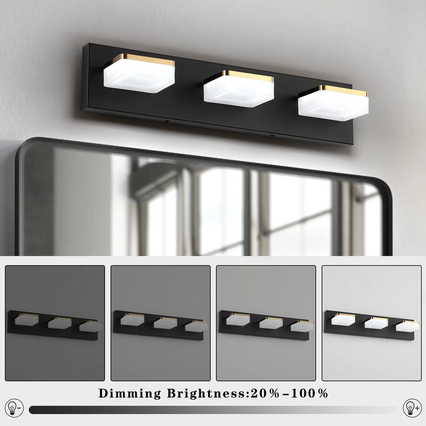 20.5in 3-Light Black and Gold Vanity Light Fixture over Mirror with Dimmable 5500K and 270° Rotatable Head Acrylic Lampshade