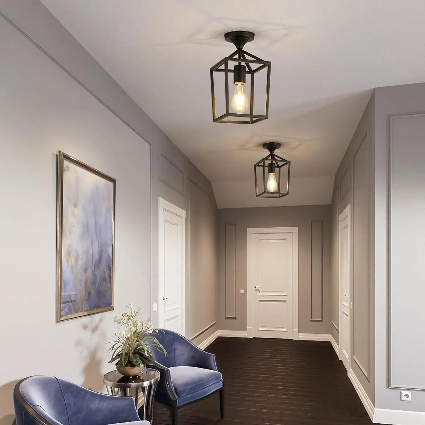 Black Industrial Ceiling Light - Farmhouse Metal Semi-Flush Fixture for Kitchen, Dining Room & Hallway (2-Pack)