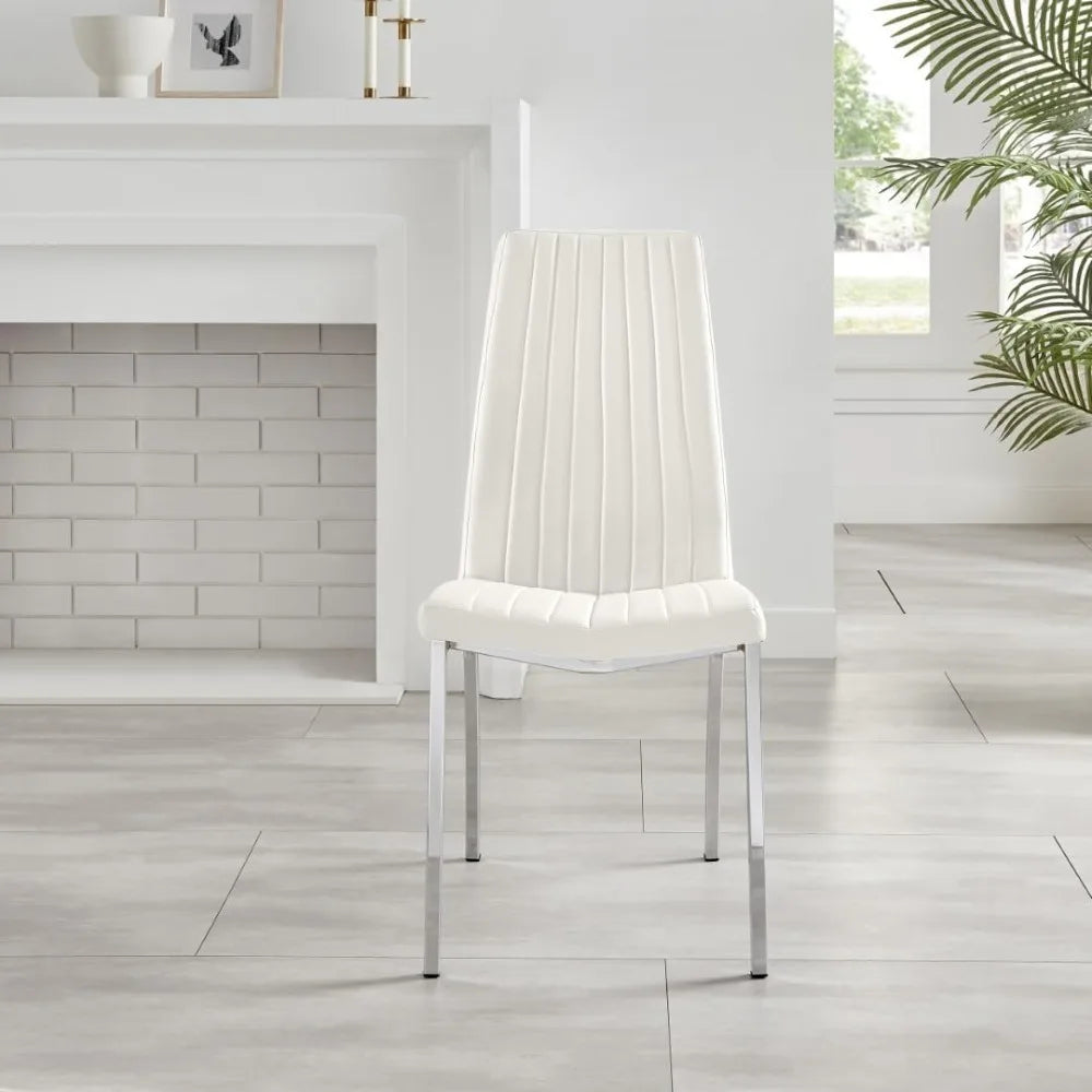 Dining Chair Set of 2 - ISCO Faux Leather Upholstered White Dining Chairs with Silver Chrome Legs