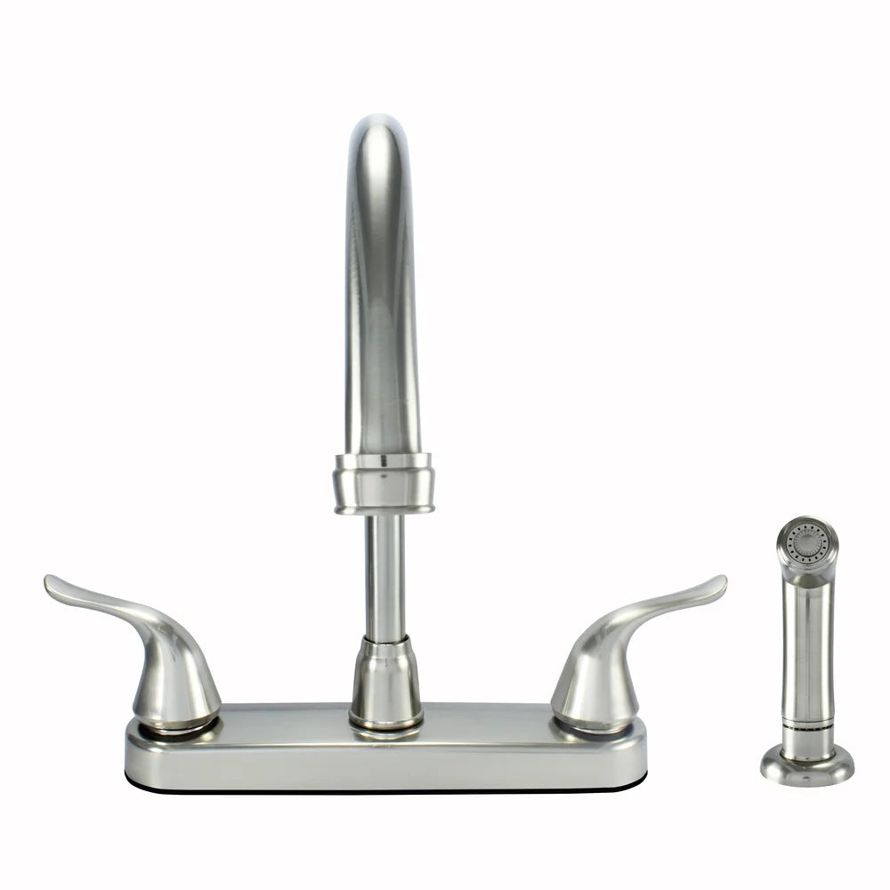 Non Metallic High Spout Double Handle Faucet Washerless Cartridge with Spray Brushed Nickel 1.8 GPM 8 Inch Installation Standard