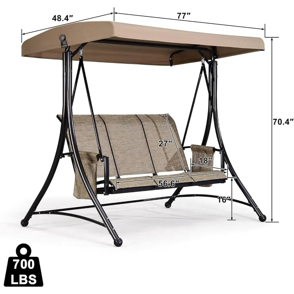 3-Seat Deluxe Outdoor Patio Porch Swing with Weather Resistant Steel Frame, Adjustable Tilt Canopy, Beige