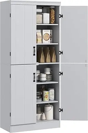70" Kitchen Pantry Cabinet, Freestanding Storage Cabinet with 4 Doors and 2 Adjustable Shelves for Dining Room, White