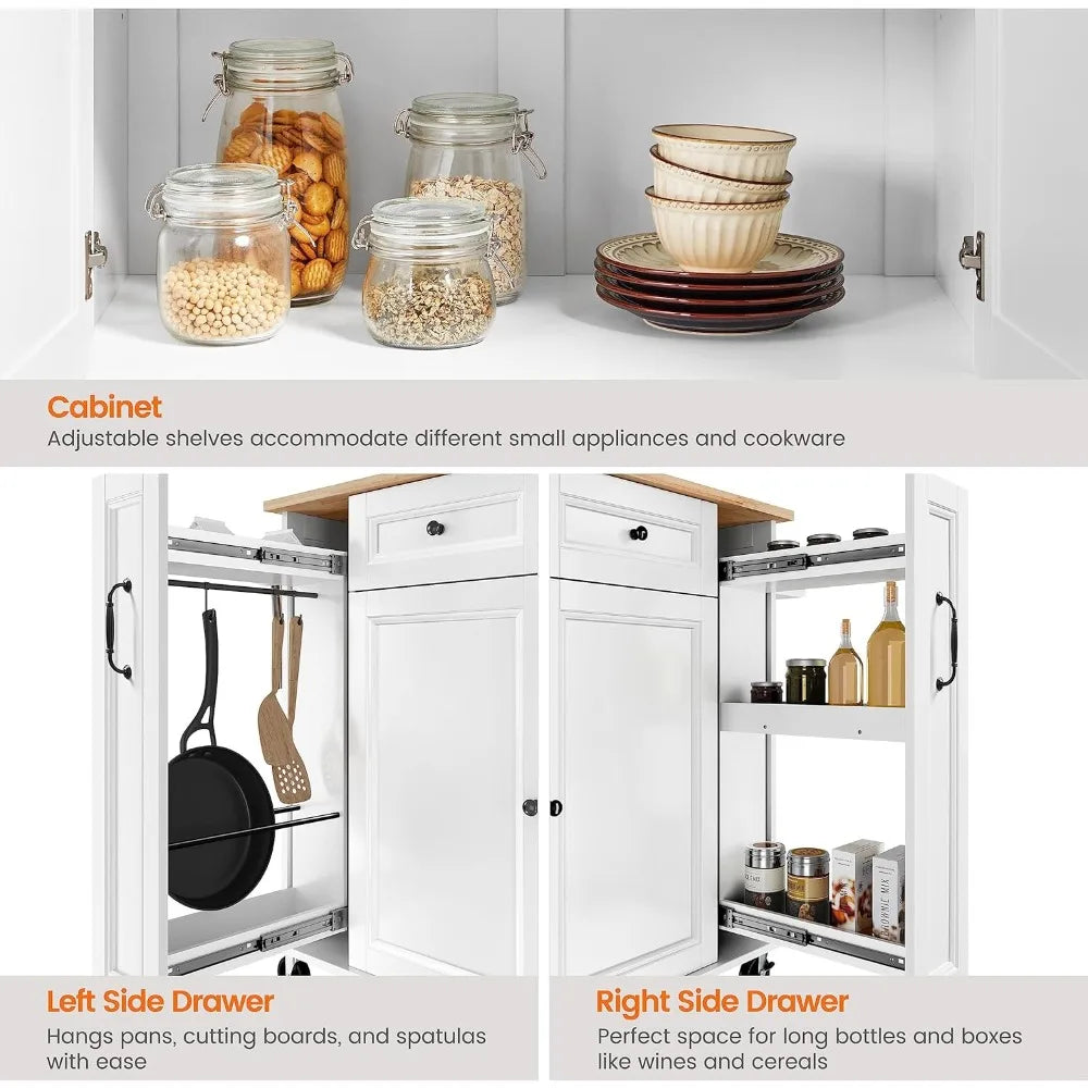 52"W Kitchen Island with Drop-Leaf Breakfast Bar and 2 Pull-outs, Kitchen Cart on Lockable Wheels with Rubberwood Top & 2 Drawe
