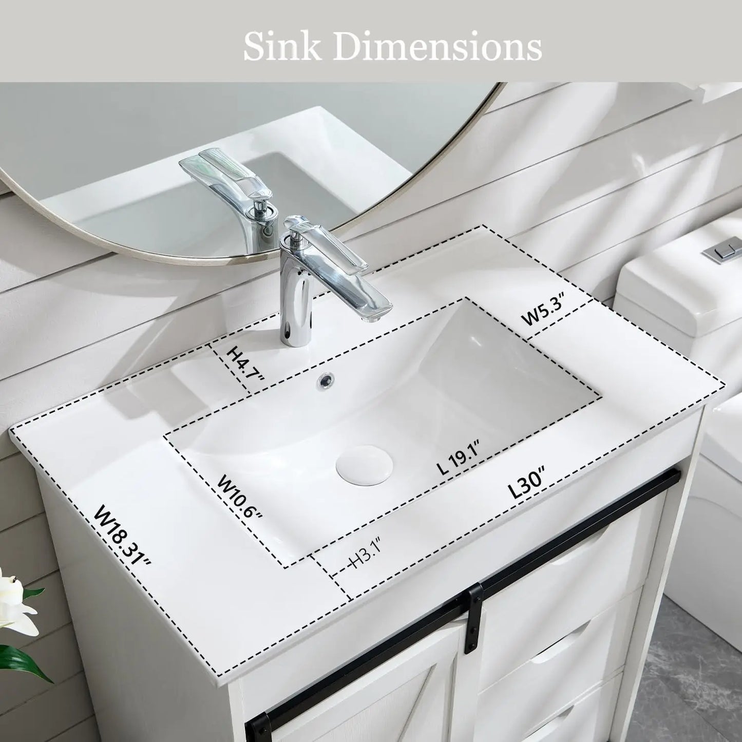 30" Farmhouse Bathroom Vanity with Sink, White Sliding Barn Door, Modern Bathroom Cabinet w/3 Drawers & Adjustable Shelves