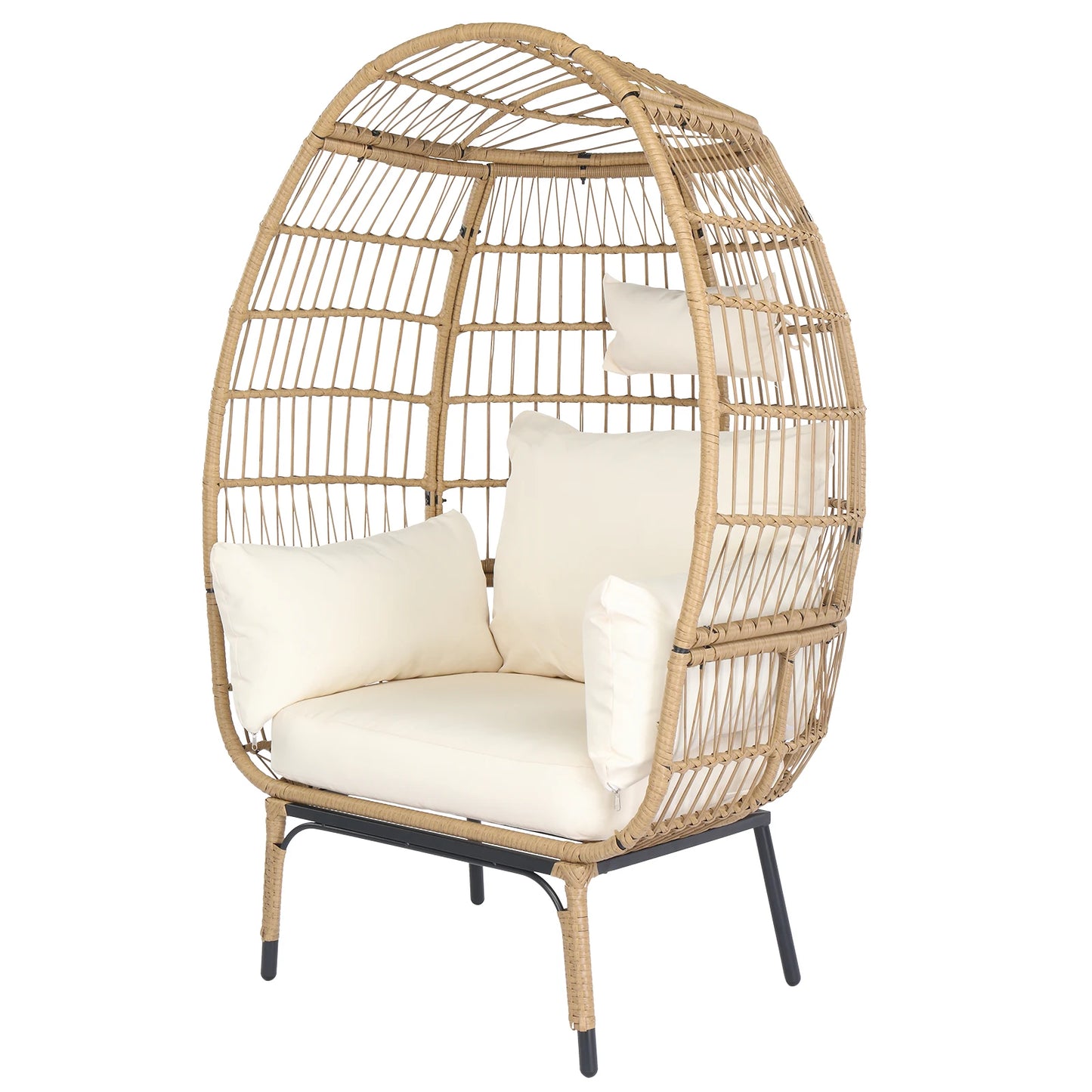 Wicker Egg Chair, Oversized Indoor Outdoor Lounger with Stand and Cushions Beige Rattan & Creamy White Cushion