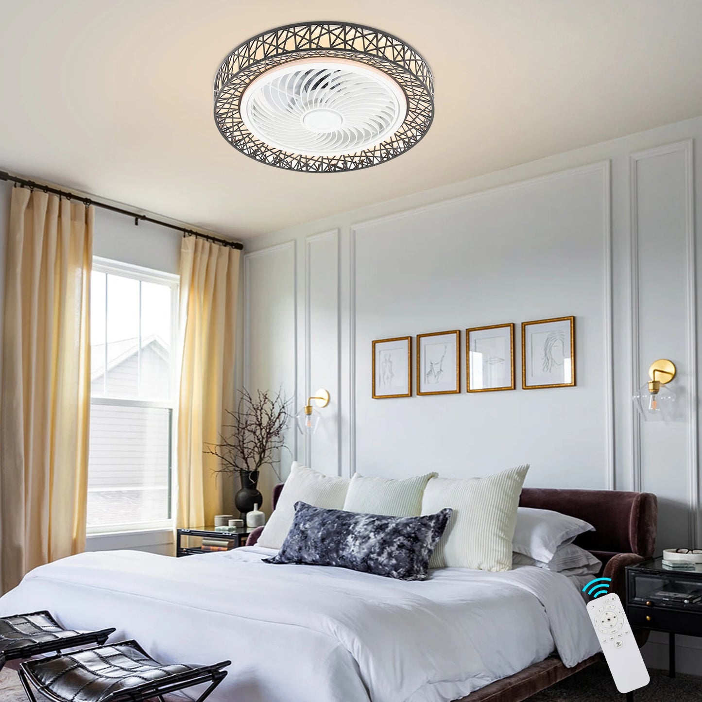 18.5 Inch Ceiling Fan Light Ceiling Mount Fan Light w/Remote Control LED Light Source 6 Speed for Living Rooms, Bedrooms 48W