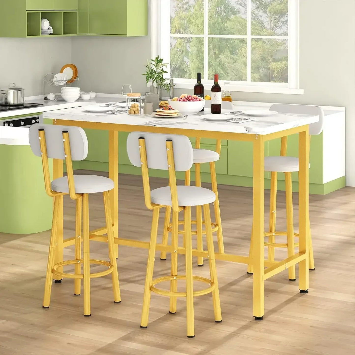 43.3” Dining Table Set, Rectangle Pub Bistro Dining Set Kitchen Table Set Bar Table, 5-Piece, Metal Frame with Backrest Stools