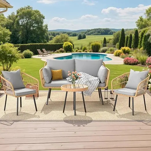 4 Pieces Patio Furniture Set, Outdoor Wicker Patio Conversation Set, All-Weather Rattan Bistro Set