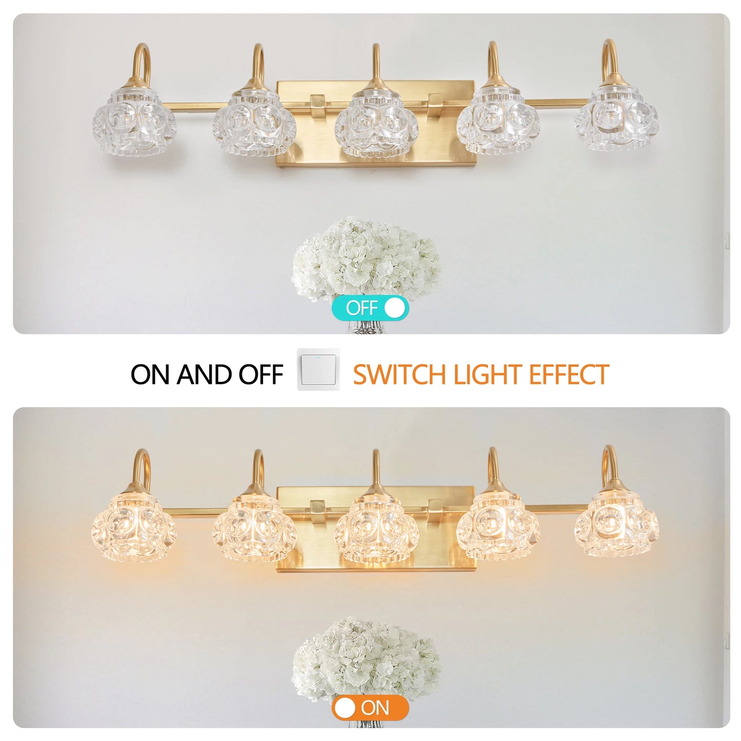 Modern Crystal Bathroom Vanity Light, 5-Light Golden Wall Sconce with Clear Glass Shade, Elegant Wall Mount Lighting(No Bulbs)