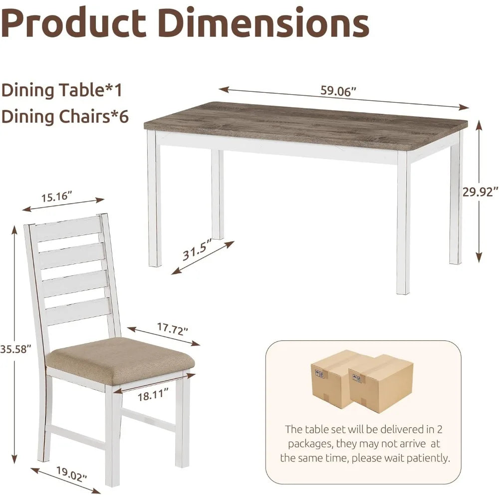 59" Dining Table Set Farmhouse Rectangular White Kitchen Room Table & Chairs Set Solid Wood Stable Space Saving Easy Clean